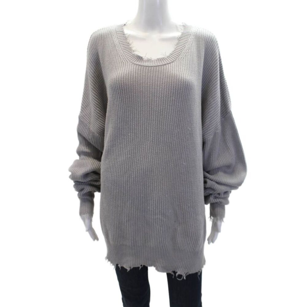 Designer Women's Long Sleeves Distress Oversized Pullover Sweater Gray Size XS